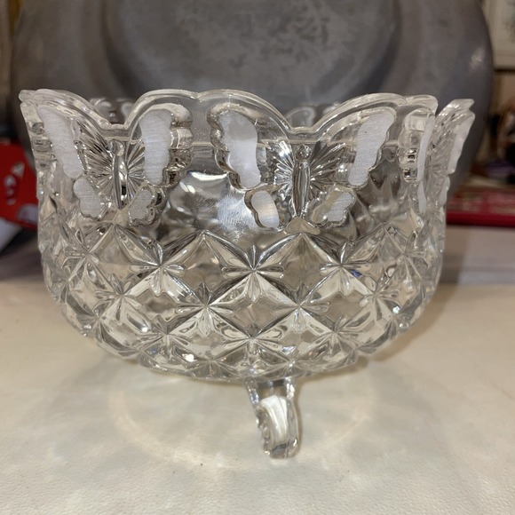 Hofbauer Lead Crystal Butterfly Papillon Bowl 3-Footed 4.5x6" Antique - Picture 3 of 10